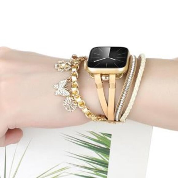 NEW Gold Boho Leather Apple Watch Band with Charms